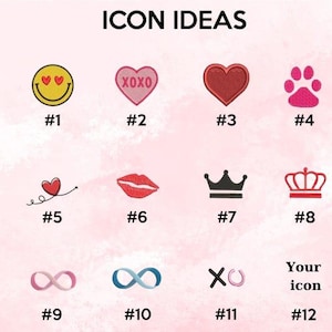 Może przedstawiać: Kolekcja dwunastu haftowanych wzor&oacute;w ikon z nagł&oacute;wkiem ICON IDEAS. Ikony obejmują uśmiechniętą buźkę, serca, odcisk łapy, usta, korony, symbole nieskończoności oraz wz&oacute;r XOXO. Każda ikona jest ponumerowana od jednego do dwunastu w celu wyboru.