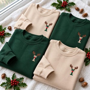Custom Reindeer Initial Embroidered Sweatshirt, Personalized Letter Family Matching Crew Shirt, Cute Christmas Group, Xmas Gift For Family