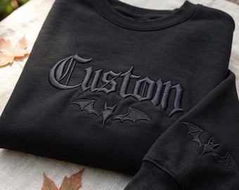 Custom Gothic Bat Spooky Lettering Embroidered Sweatshirt, Personalized Halloween Pullover, Aesthetic Wardrobe Essential, Halloween Gift