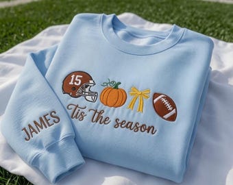 Custom Tis The Season Football Bow Embroidered Sweatshirt, Personalized Autumn Sports Pumpkin Crewneck, Game Day Fall Pullover Top