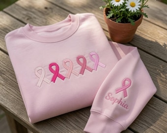 Custom Breast Cancer Awareness Embroidery Sweatshirt, Personalized Pink Ribbon Shirt, Support Squad Sweater, Embroidered Crewneck,  October