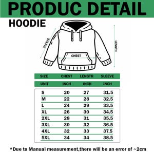 May include: A black and white line drawing of a hoodie with a front pocket, accompanied by a sizing chart labeled PRODUCT DETAIL HOODIE. The chart lists chest, length, and sleeve measurements in inches for sizes S through 5XL, noting a 2cm error margin.