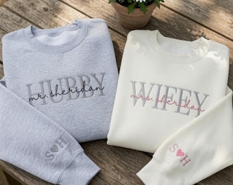 Custom Hubby Wifey Embroidered Sweatshirt, Personalized Couple Sweater, Wedding Gift, Anniversary Shirt, Embroidery Crewneck, Matching Set