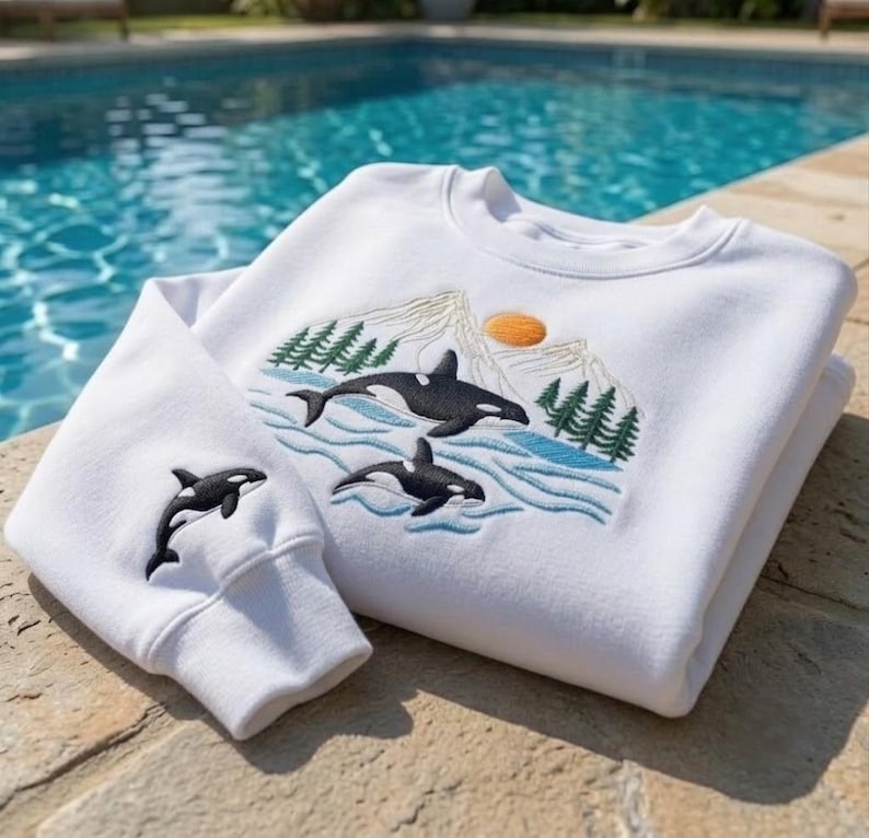 May include: A white crewneck sweatshirt featuring an embroidered design of two orcas swimming in blue water, with green pine trees, a mountain range, and an orange sun in the background. A single orca is embroidered on the left sleeve cuff.
