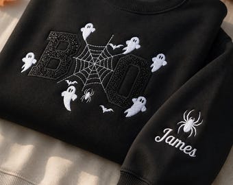 Custom Glitter Boo Halloween Embroidered Sweatshirt, Personalized Spooky Season Spiderweb Crewneck, Cute Ghost Fall Pullover Top
