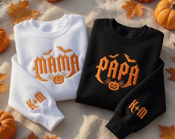 Custom Halloween Mama Papa Embroidered Sweatshirt, Spooky Season Pumpkin Crewneck, Matching Family Fall Pullover Top With Sleeve Text