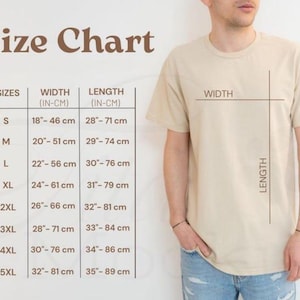 Op de afbeelding: Een beige t-shirt met een maattabel met afmetingen in centimeters. De tabel bevat maten S tot 5XL, met een breedte vari&euml;rend van 46-81 cm en een lengte van 71-89 cm.