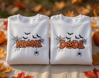 Custom Halloween Doda Mama Embroidered Sweatshirt, Spooky Season Pumpkin Spiderweb Crewneck, Family Matching Fall Pullover Top