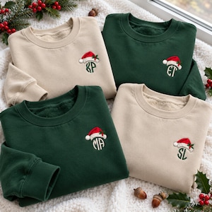 Personalized Monogram Initial Santa Hat Embroidered Sweatshirt, Custom Family Christmas Crew Shirt, Festive Xmas Holiday Party Gift Tee