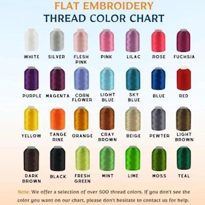 May include: A flat embroidery thread color chart featuring twenty-eight spools of thread in various colors arranged in four rows. Each spool is labeled with its corresponding color name, including white, silver, pink, lilac, rose, fuchsia, purple, magenta, cornflower, blue, red, yellow, tangerine, orange, brown, beige, pewter, black, green, mint, lime, moss, and teal.