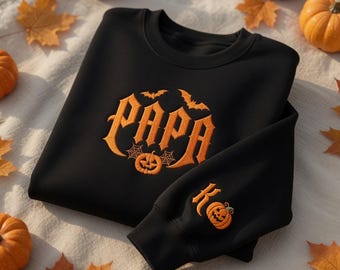 Custom Halloween Papa Embroidered Sweatshirt, Spooky Season Pumpkin Crewneck, Fall Festival Dad Pullover Top With Sleeve Design