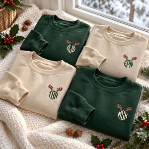 Personalized Monogram Reindeer Antlers Embroidered Sweatshirt, Custom Family Christmas Shirt, Cute Holiday Party Group, Family Crew Gift Tee