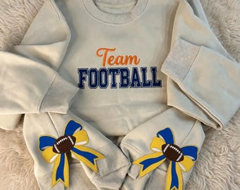 Custom Team Football Sweatshirt, Embroidered Side Bow Crewneck, Personalized Sports Fan Top, Womens Game Day Apparel, Football Coquette Bow