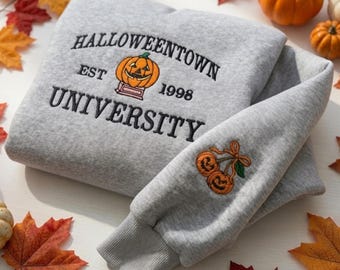 Embroidered Halloweentown University Sweatshirt, Spooky Season College Shirt, Retro Pumpkin Varsity Crew, Fall Festival Clothing, Halloween