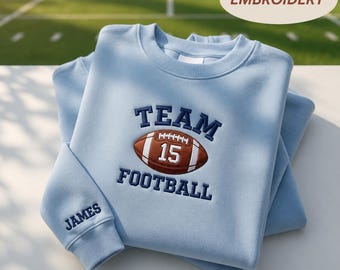 Custom Team Football Embroidered Sweatshirt, Personalized Sports Name Number Crewneck, Game Day Fan Fall Pullover Top