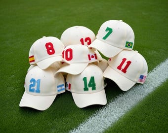 Gorra personalizada de fútbol con número y bandera bordados, gorra personalizada de jugador de fútbol, gorra deportiva con bandera nacional, gorra de miembro de fútbol 2026