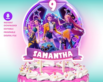 Decorazione per torta di compleanno modificabile Kpop Demon Hunters, decorazione per torta Demon Hunters, decorazione per festa Huntrix, centrotavola per festa K-pop Demon Hunters