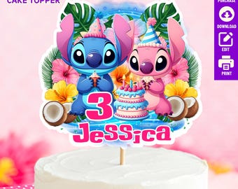 Editable  Stitch and Angel Birthday Cake Topper, Stitch Cake Topper, Stitch and Angel Party Decoration, Stitch Party Centerpiece, Printable