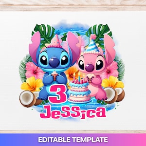 May include: A digital illustration featuring the characters Stitch and Angel from Lilo & Stitch, celebrating a birthday. The image includes a cake, coconuts, and tropical flowers, with the name "Jessica" and the number "3".