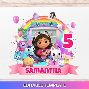 Puede incluir: Gráfico de cumpleaños colorido con una niña tocando la guitarra, rodeada de gatos de dibujos animados y globos. Una pancarta rosa muestra el nombre "SAMANTHA" y el número "5". Las palabras "EDITABLE TEMPLATE" están en la parte inferior.