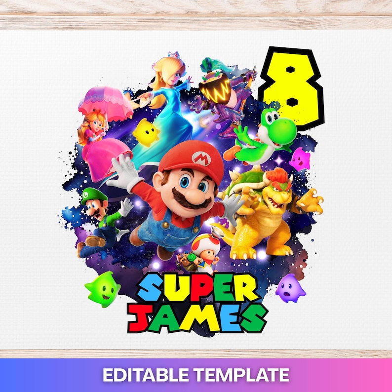 Redigerbar Mario Galaxy PNG, Super Mario Galaxy-film PNG, direktnedladdning, Mario Galaxy-födelsedagsmall, tårtdekoration, Mario-födelsedagströja bild 1