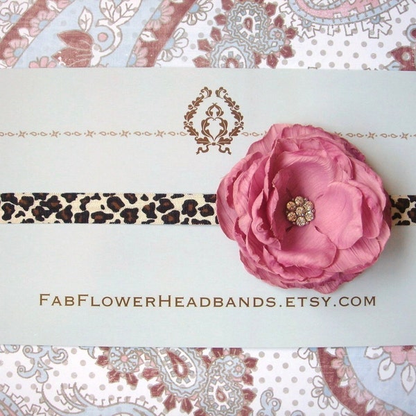 Mauve Flower on Leopard Print Headband - Baby Headband Newborn Headband to Adult Headband