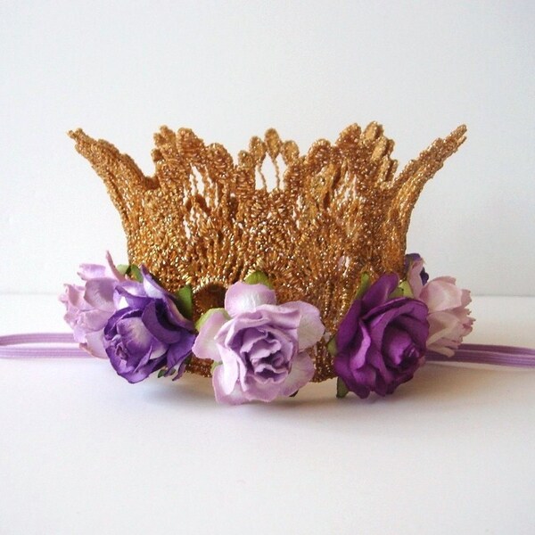 Gold Lace Crown - Purple Flowers - Newborn Gold Crown - Photo Prop - First Birthday Cake Smash - Baby Gold Crown - Flower Girl Gold Crown