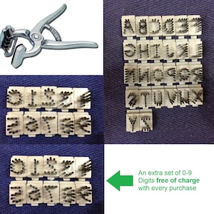 May include: A metal ear tag applicator and sets of letter and number stamps. The stamps are arranged on white plastic blocks. The image also includes the text "An extra set of 0-9 Digits free of charge with every purchase."