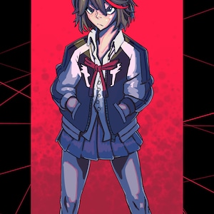 May include: Anime-style illustration of a character in a blue and white jacket, skirt, and leggings, with a red bow tie. The character has short, dark hair with a red streak, set against a red background with black lines.