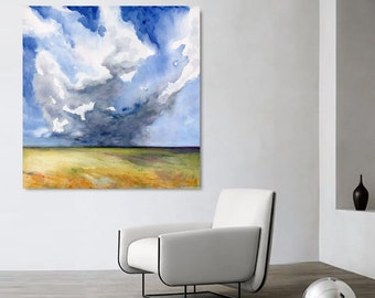 Watercolor Painting - Head in the Clouds - Landscape Prairie Scenic Art Print - Archival Canvas or Paper Reproduction