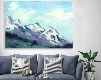 Watercolor Landscape Painting - Rocky Mountains Landscape Scenic Art Print - Archival Canvas or Paper Reproduction