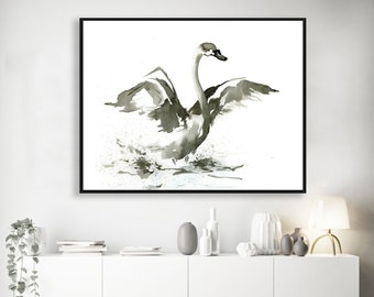 Swan Art Print - Mimimalist Art - Cygnet Bird Sumi-e Painting  - Archival Canvas or Paper Reproduction