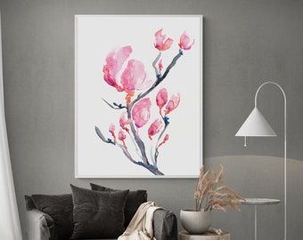 水彩画 - 日本のモクレンの花の墨絵アートプリント - アーカイブ
