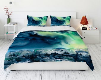 Aurora Borealis Duvet Cover Set – Watercolor Nature Bedding