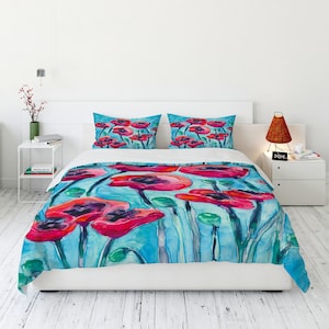 Floral Poppies Duvet Cover - Nature Modern Bedding - Twin Queen or King Size Duvet or Comforter
