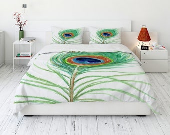 Peacock Feather Duvet Cover - Nature Modern Bedding - Twin Queen or King Size Duvet or Comforter