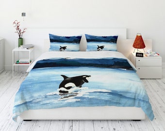 Watercolor Orca Duvet Cover – Modern Ocean Bedding Set