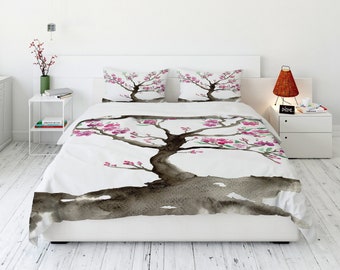 Watercolor Cherry Blossom Duvet Cover – Modern Floral Bedding