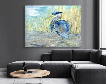 Great Blue Heron Art Print - Wildlife Bird Watercolor Painting - Archival Canvas or Paper Reproduction