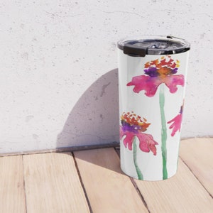 Travel Mug - Stainless Steel Metal Coffee Cup - Echinacea Watercolor Painting