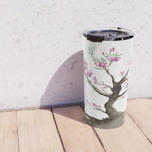 Travel Mug - Stainless Steel Metal Coffee Cup - Sakura Ink Painting