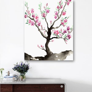 Sakura Tree Art Print - Cherry Blossom Nature Sumi-e Painting - Archival Canvas or Paper Reproduction