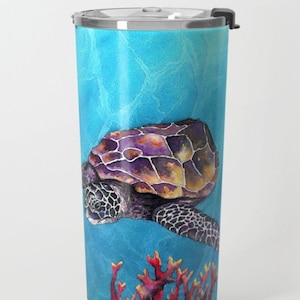 Travel Mug - Stainless Steel Metal Coffee Cup - Sea Turtle Watercolor Painting