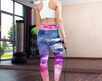 Leggings abstractos - Ropa de diseñador - Pintura de atardecer en el océano - Leggings con estampado artístico integral