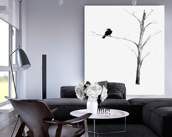 Raven in a Tree Art Print - Mimimalist Ink Painting - Gothic Bird Sumi-e - Archival Canvas or Paper Reproduction