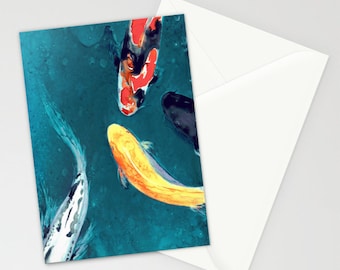 May include: A watercolour painting of four koi carp swimming in a teal blue pond. The fish are a mix of black, white, orange, and red.