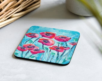Modern Coasters - Poppy Sky Floral Art - Coffee Table Drink Coaster Set