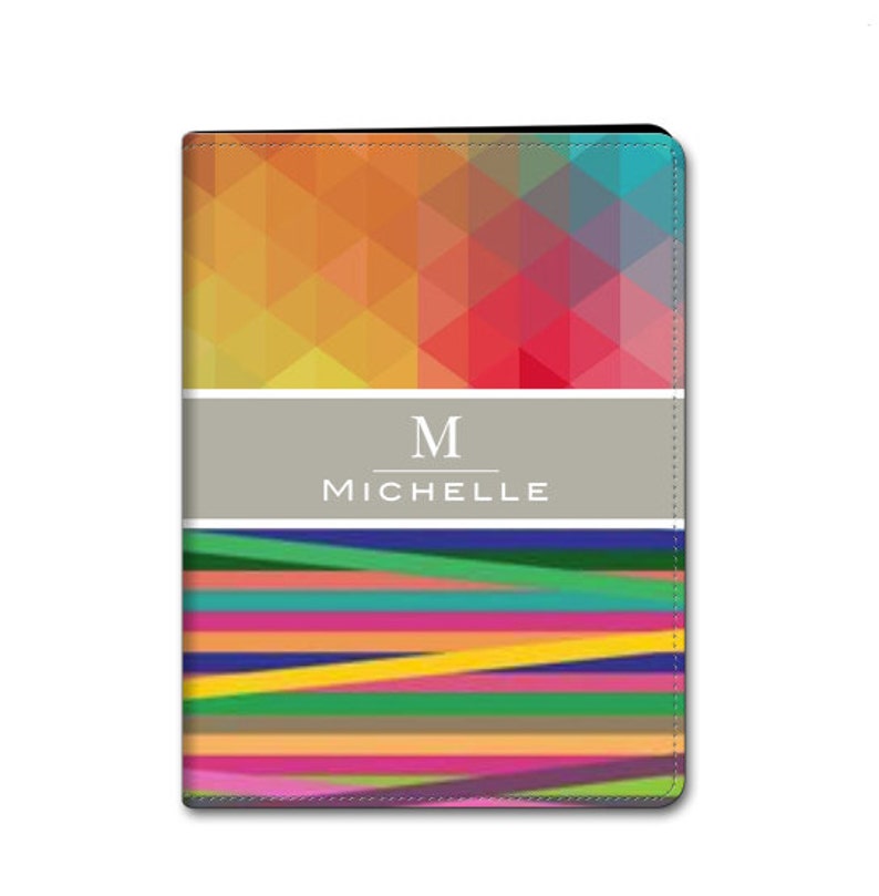 May include: A colorful geometric pattern on a gray background with the letter "M" and the name "Michelle" in white text. The pattern is made up of triangles and lines in shades of red, orange, yellow, green, blue, and purple.