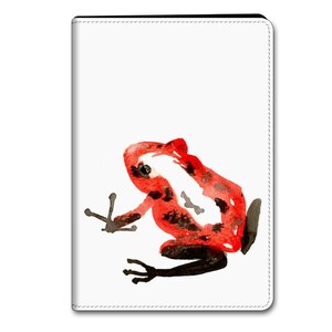 May include: A watercolor painting of a red frog with black spots on a white background.