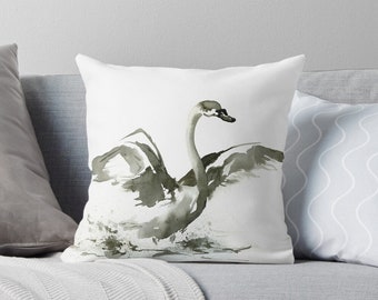 Swan Pillow Cover - Nature Bird  - Vibrant Watercolor Throw Pillow
